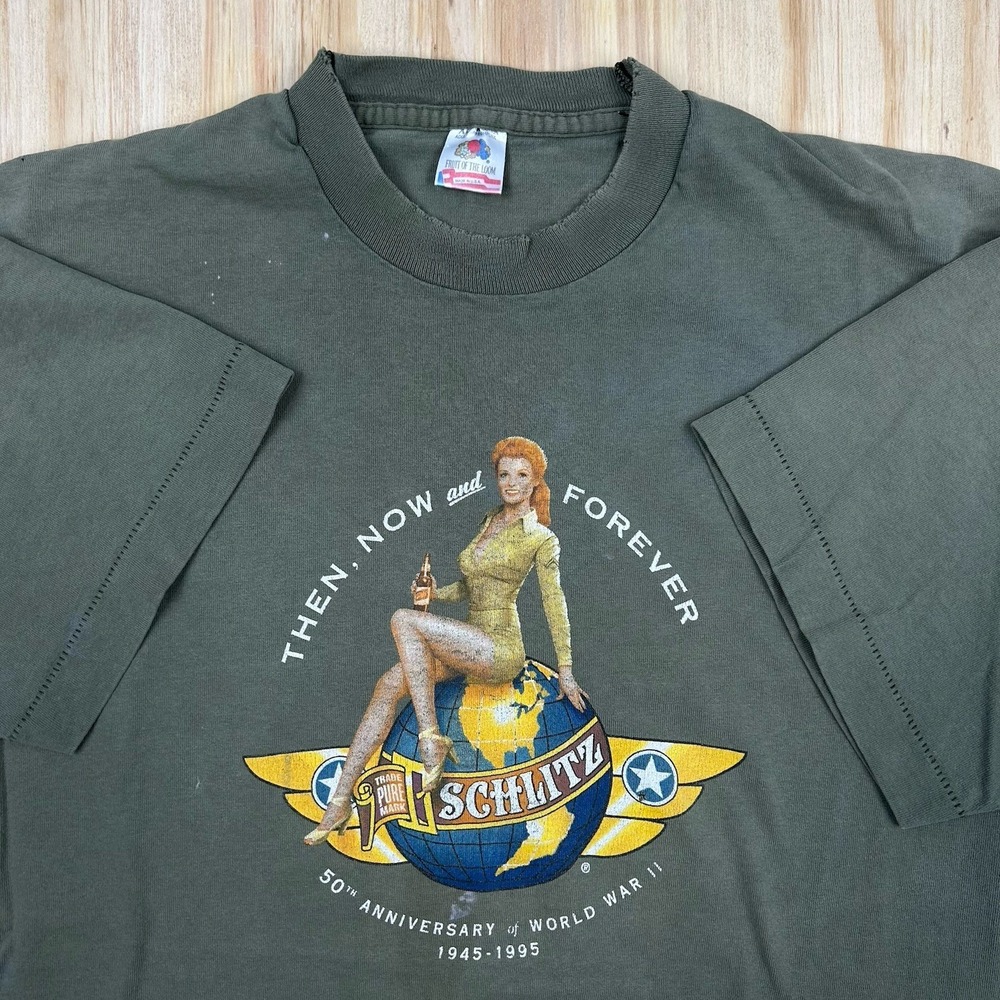 VTG WWII Schlitz Beer 50th Anniversary Pinup Girl Green Tee Shirt Sz XL Single